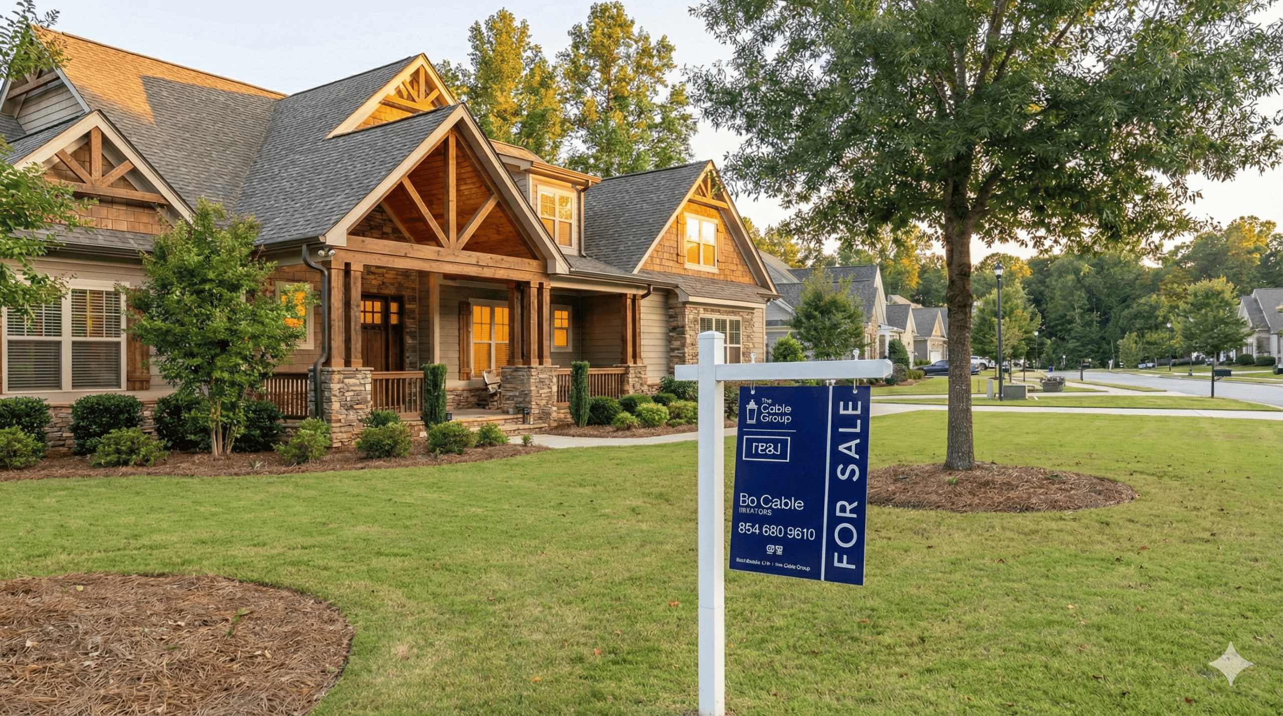 Craftsman home with a Bo and Nikki Cable For Sale sign in a Greenville SC neighborhood.