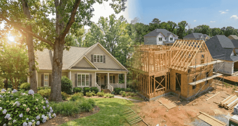 Comparison of an existing Greenville SC home with mature landscaping versus a new construction house in framing near Five Forks and Greer.