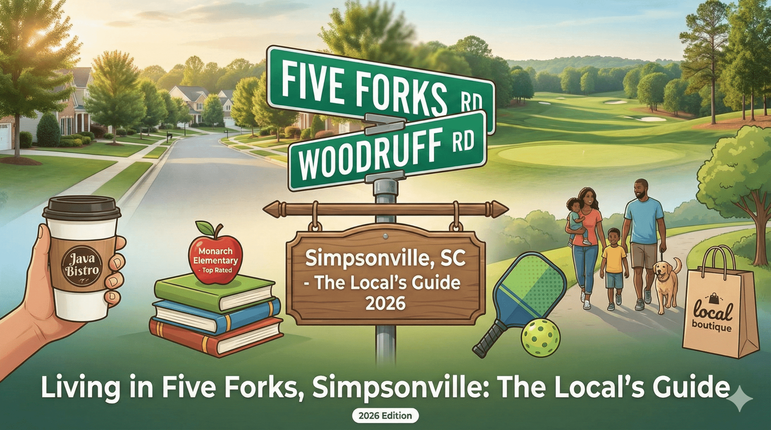 Five Forks neighborhood in Simpsonville SC showing restaurants and shopping.
