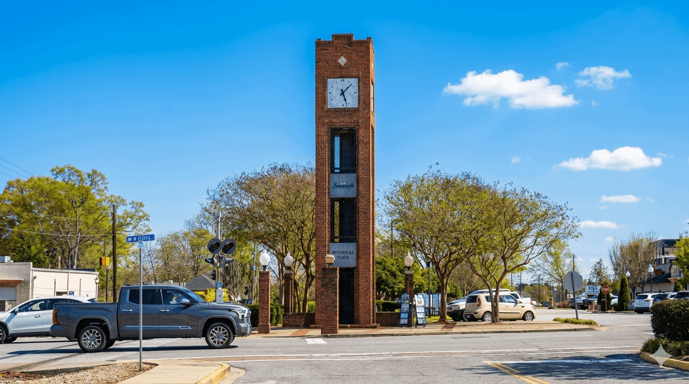 Downtown Simpsonville SC clock tower at Main Street and Curtis Street intersection