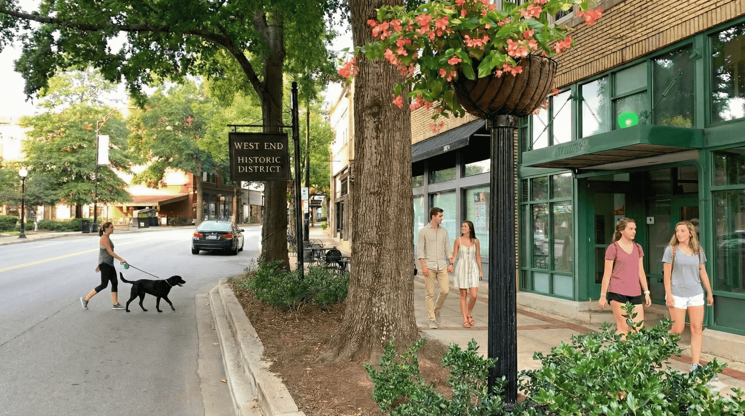 The West End Greenville SC people walking down the street